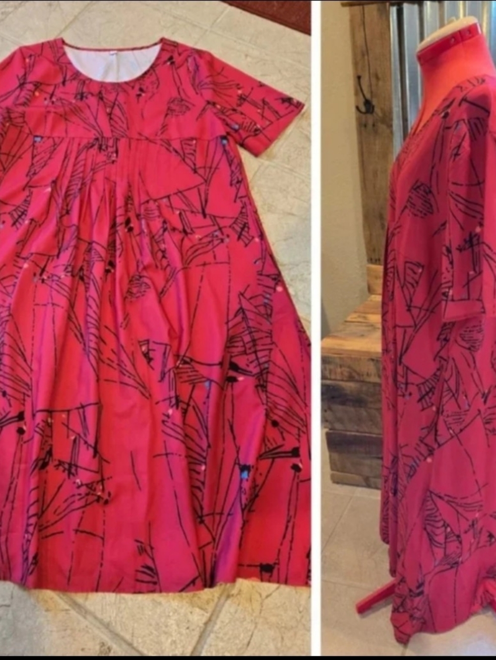 Red Babydoll Maxi Dress 2XL Grafitti Pattern Short Sleeve - Picture 3 of 4